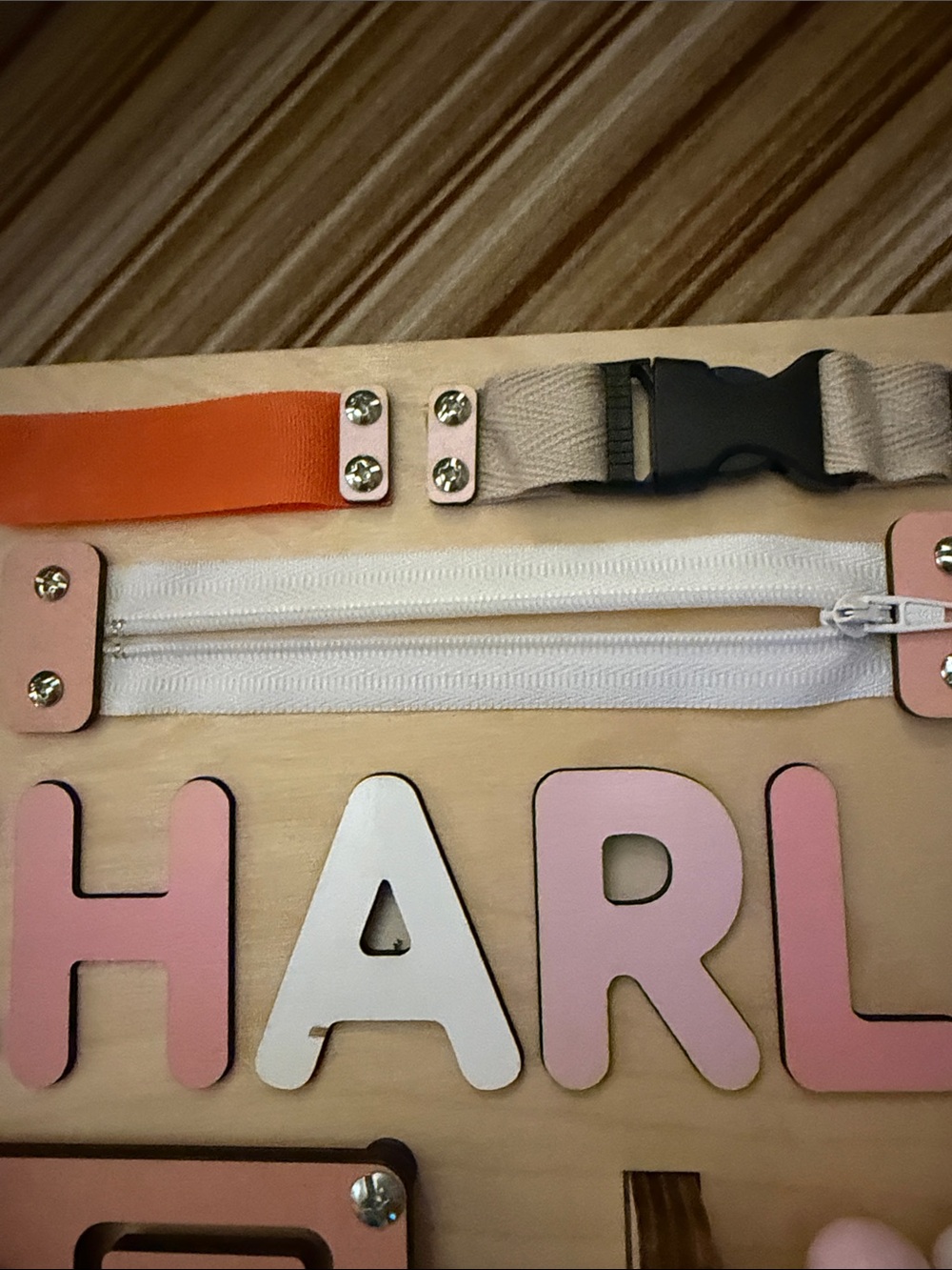 Wooden Activity Board for Girls- Personalized Pink and Natural for Charlie - Picture 9 of 13